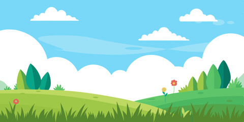 Obraz premium a simple, cartoon-style landscape. It features a bright blue sky with a few fluffy white clouds scattered across it. In the foreground, there are rolling green hills with some stylized trees and bushe
