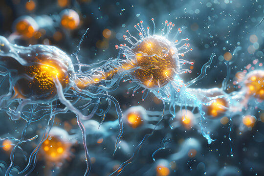 Structure light yellow Immune system medical science on blur blue background. 3d illustration proteins with lymphocytes , t cells or cancer cells disease