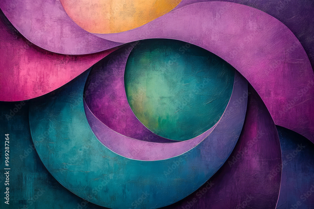 Poster an abstract composition of sharp triangles and curved circular elements,