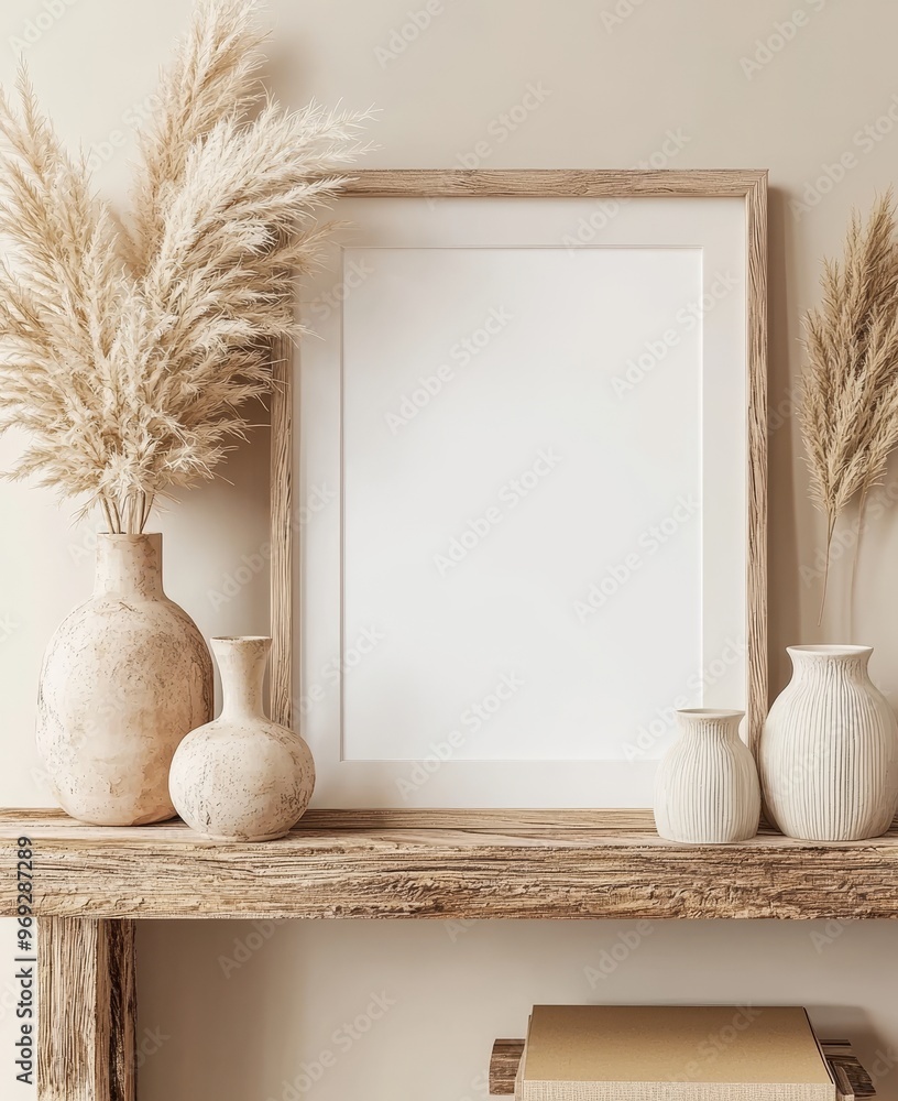 Poster An image mockup of a boho interior background with rustic decor. A 3D render is shown