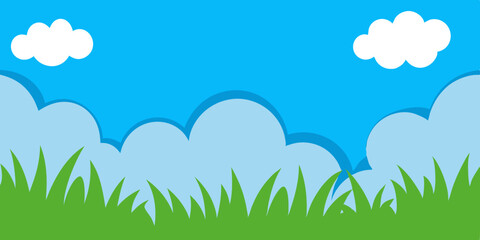Obraz premium a simple, cartoon-style illustration of a landscape. It features a bright blue sky with two fluffy white clouds. Below the sky, there are light blue, rounded shapes representing distant clouds or hill