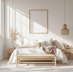 An interior mockup of a simple cozy coastal bedroom, rendered in 3D
