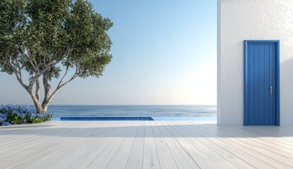 Fototapeta premium The luxurious swimming pool of a beautiful white beach house with a sea view - 3D rendering
