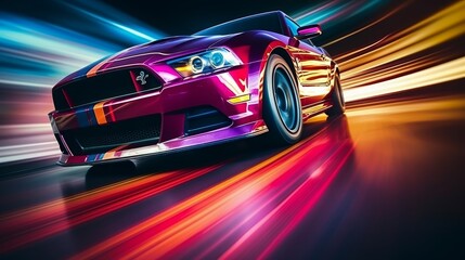 High speed racing car zooming through neon lights in an evening competition on the streets