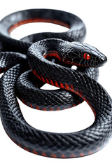 Obraz premium Striking black and red snake coiled up, showcasing its sleek scales and vivid colors against a white background.