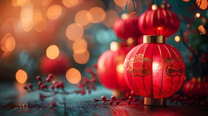 Chinese New Year background with tree branch and paper lantern pink cherry blossoms. Chinatown town. Realistic festival template pattern. Dim street lights. Decoration for the festival.