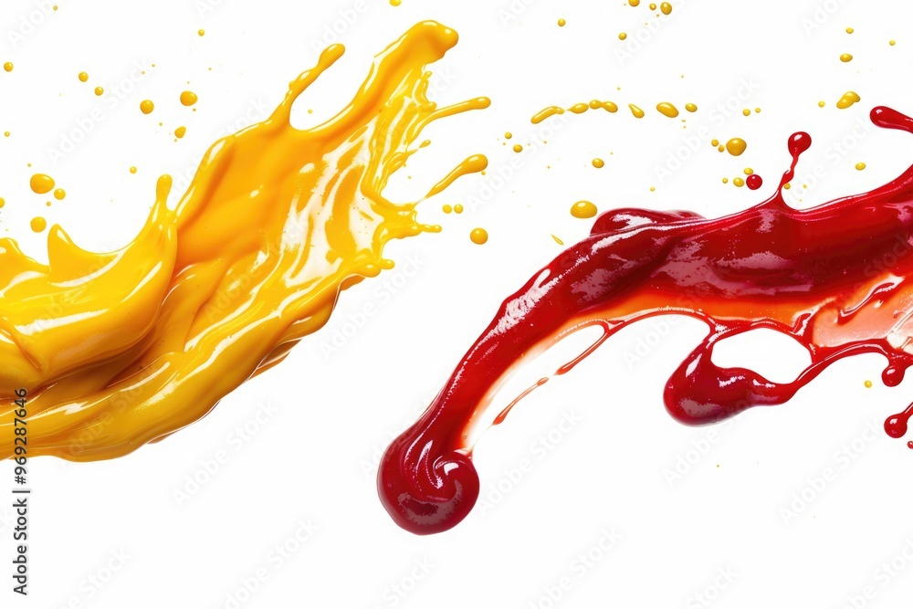 Poster A close-up of a yellow and red liquid reacting on a white surface, creating colorful splashes