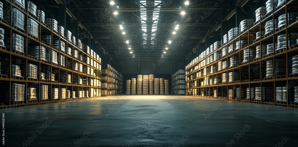 Poster an stock picture of a modern warehouse storehouse. there are several lights on the background, it ca