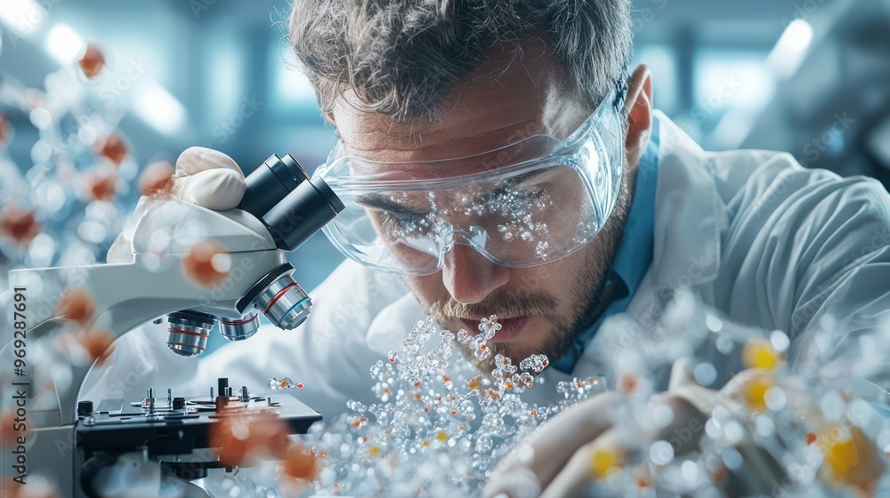 Poster precision quality control: technician examining product samples under microscope with cinematic ligh