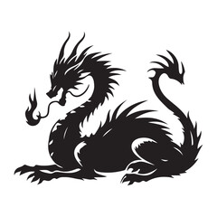 Fantasy Dragon Silhouette - Mythical Creature Outline, Vector drawing of a black dragon silhouette that sits
