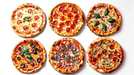 Six pizzas with different toppings on a white surface