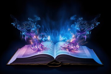 An open antique book emitting mystical blue and purple lights from the pages isolated on white background