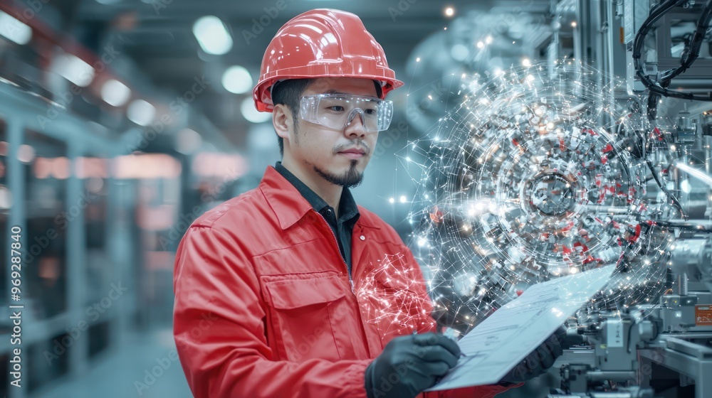 Poster precision at work: engineer inspecting products on assembly line with cinematic lighting for quality