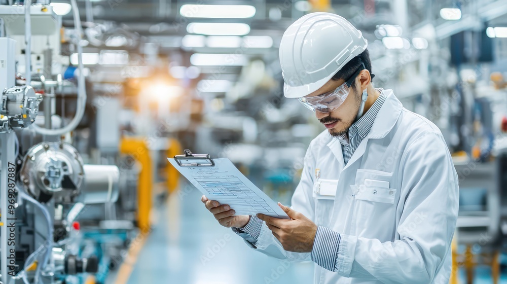 Poster precision engineering: engineer conducting quality inspection on assembly line with cinematic lighti