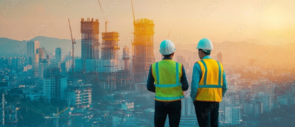 Poster Standing construction engineer manager in a multi-exposure with background in building construction industry