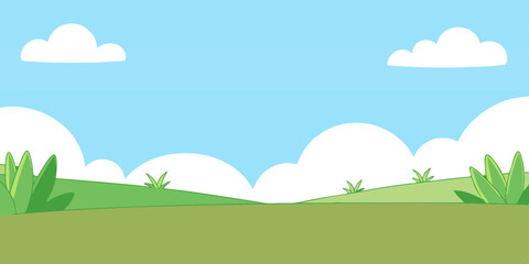 Fototapeta premium a simple cartoon-style landscape. It features a bright blue sky with a few white, fluffy clouds scattered across it. The foreground shows a green, grassy field with some small