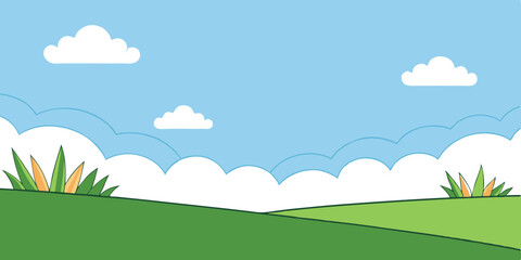 Obraz premium a simple, cartoon-style landscape. It features a bright blue sky with a few fluffy white clouds scattered across it. The foreground consists of rolling green hills