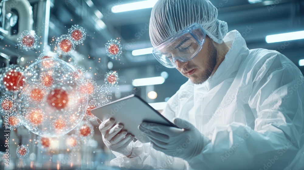 Poster precision inspection: technician examining product specifications on tablet with tech-enhanced quali