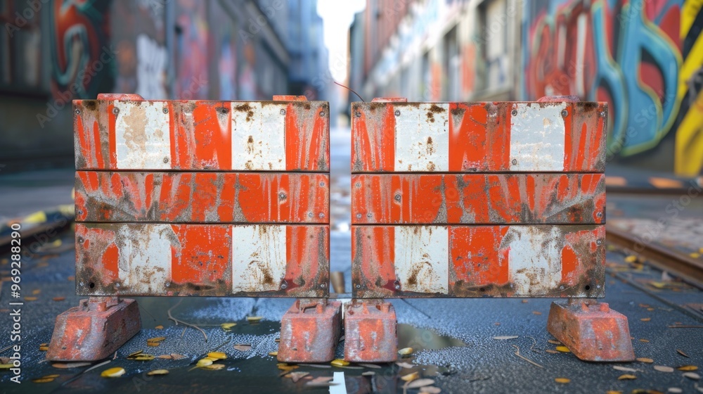 Poster A close-up view of a red and white striped barricade, often used to block or redirect traffic