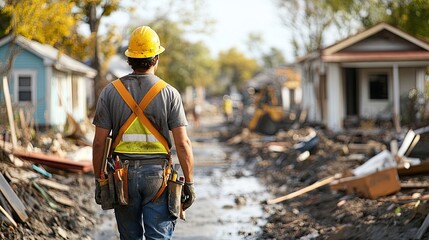 18. A detailed scene of a charity worker helping to rebuild homes after a natural disaster, with construction tools and debris in the background.