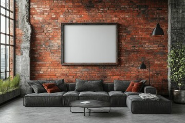 Modern living room with a brick wall, cozy sofa, and empty frame.