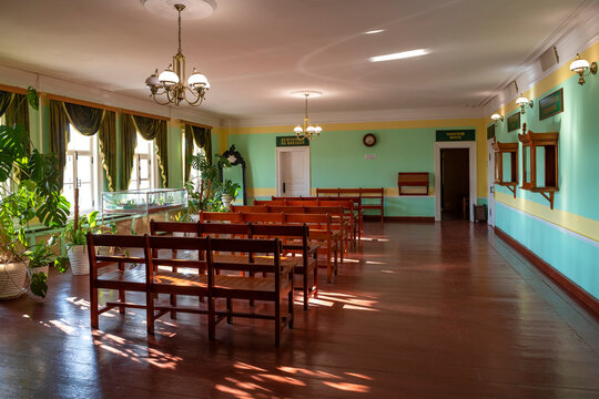 TOLSTOVSKIE DACHA, RUSSIA - JULY 14, 2024: Waiting room of the ancient railway station of Kozlova Zaseka (Yasnaya Polyana)
