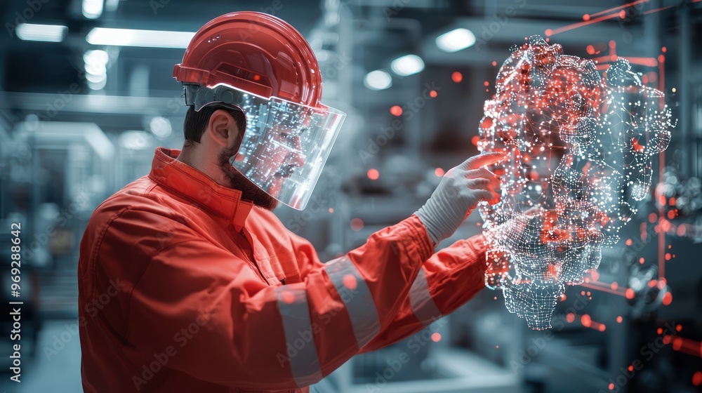 Poster precision at work: worker conducting laser inspection for quality control in hyper-realistic setting
