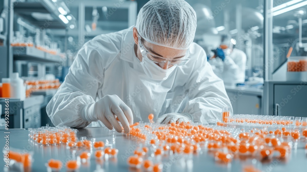 Poster hyper-realistic quality testing: technician conducting stress test on new product in lab with cinema