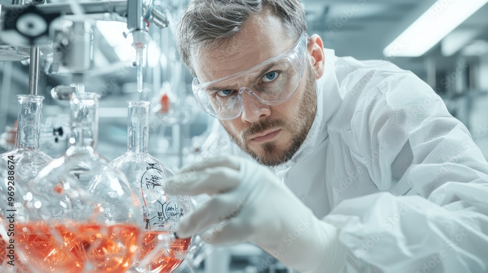 Poster high-tech quality testing: technician conducting stress test on new product in lab with cinematic li