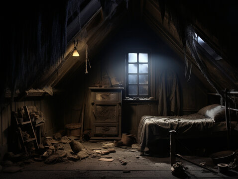 An old creepy dollhouse in the middle of a dark attic, cobwebs covering miniature furniture, dim moonlight through a cracked window, disturbing and eerie atmosphere, close-up of dusty details.