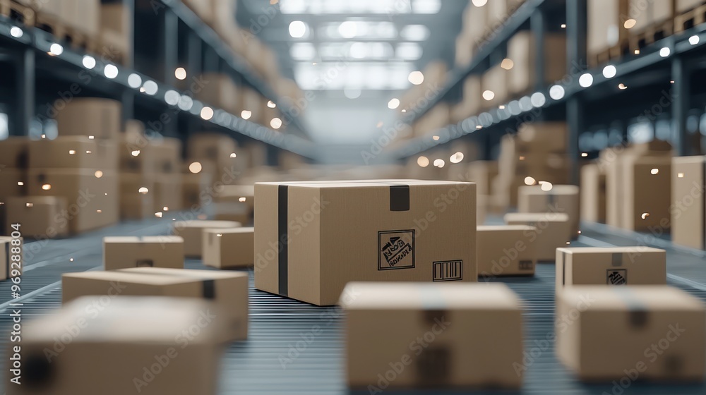 Poster precision control: certification stamp on package in distribution center with hyper-realistic cinema