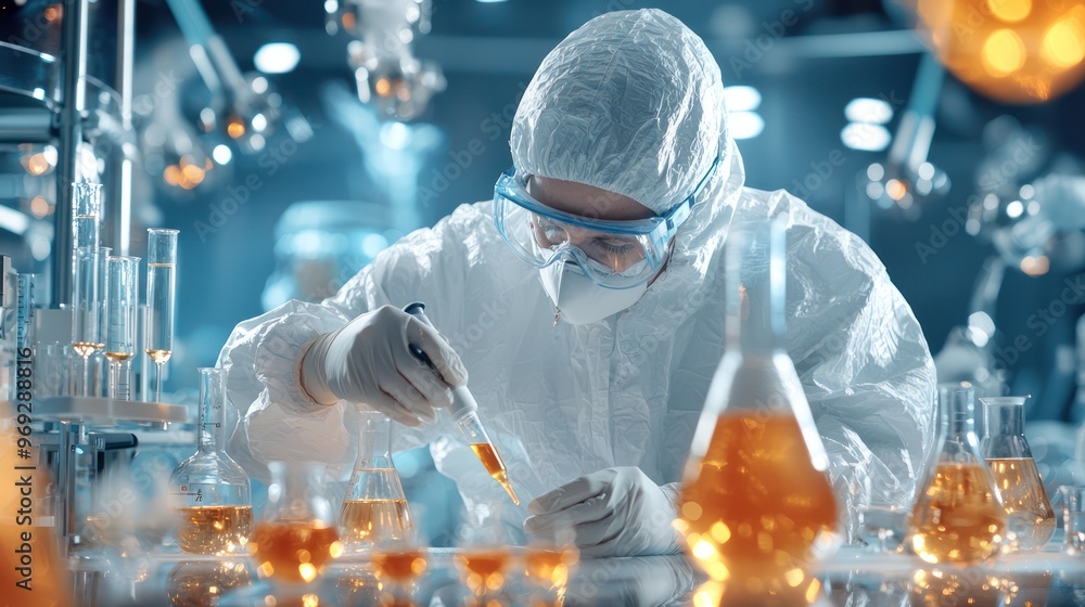 Poster precision in progress: technican conducting chemical analysis for quality control in cinematic lab s