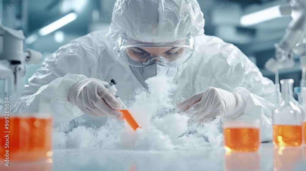 Poster precision in practice: technician conducting chemical analysis for product quality validation with c