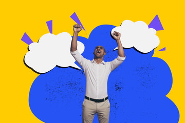 Composite photo collage of angry scream man wear formal clothes clouds communication concept speech...