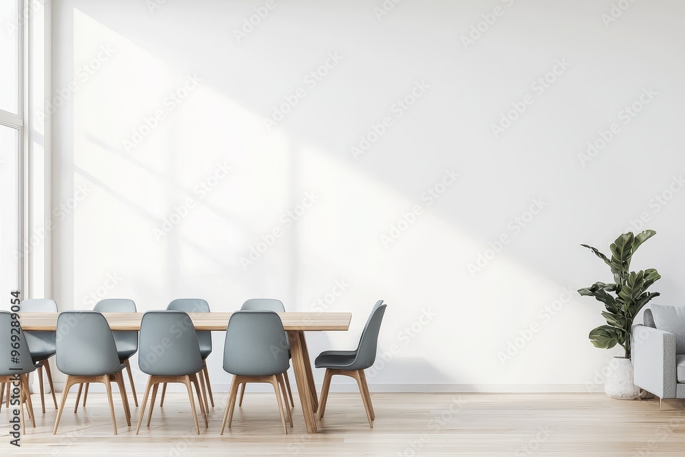 Poster creating a hygge-style home interior design with a soft sofa, a wooden table, and comfortable chairs