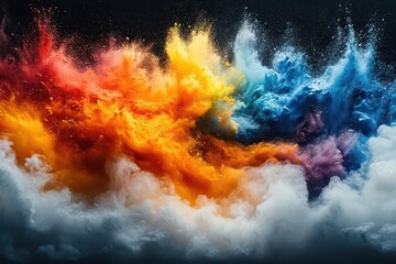 vibrant paint explosion multicolored powder bursts against pristine white creating a dynamic joyful atmosphere swirling hues blend in midair capturing motion and creativity