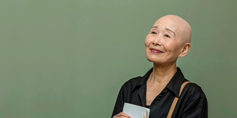 Beautiful Bald Asian Woman Reading and Promoting Breast Cancer Awareness
