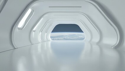 Three-dimensional rendering of white blue interior of a futuristic spaceship with windows overlooking space and planets