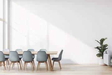 Creating a hygge-style home interior design with a soft sofa, a wooden table, and comfortable chairs, while displaying a large flower in a pot and an abstract poster.