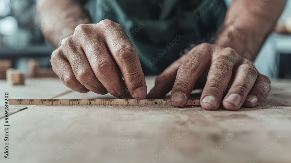 Poster precision measurement in quality control: worker hand using ruler for product dimensions with cinema