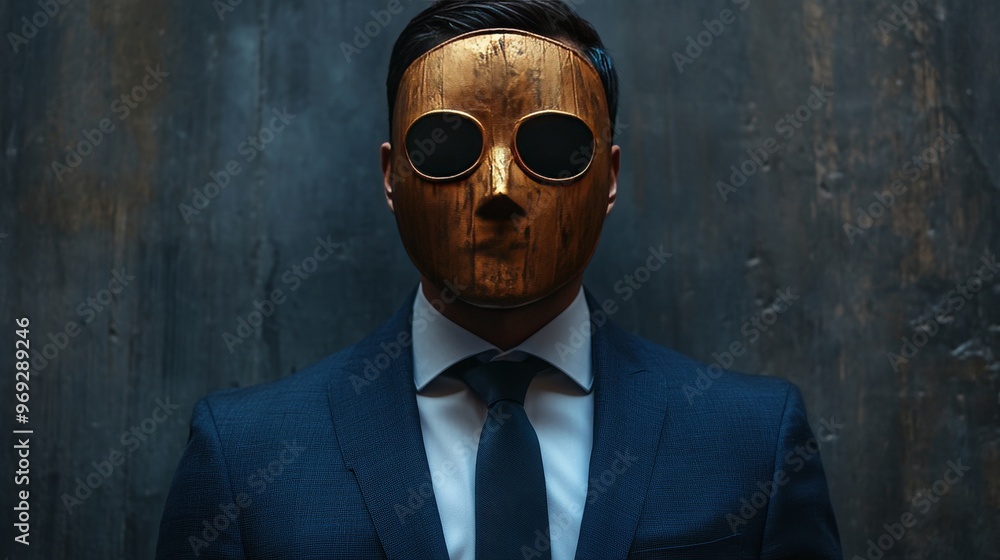 Poster A man in a suit and tie is wearing a mask