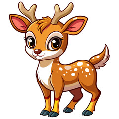 a cartoon illustration of a cute, young deer. It has large, expressive eyes and a friendly smile. The deer is light brown with a white underbelly and white spots on its back