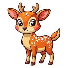 a cartoon illustration of a cute, young deer. It has a light brown body with white spots on its back, large expressive eyes, and a small smile. The deer has short antlers