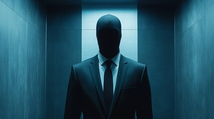 A man in a suit and tie stands in a dark room
