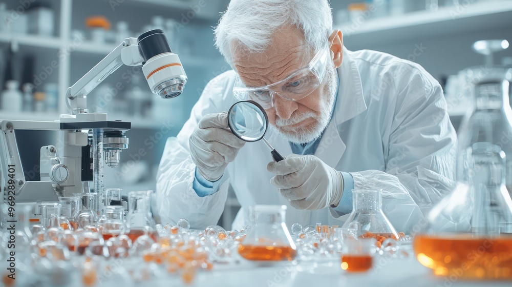 Poster precision quality inspection: worker analyzing product defects with magnifying glass in high-resolut