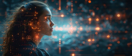 A young woman gazes thoughtfully into the distance, surrounded by digital elements and futuristic icons.