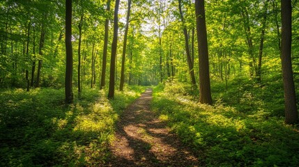 Fototapeta premium Lush green forest with sunlight filtering through the leaves, casting dappled light on a winding path.