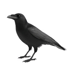 Fototapeta premium A detailed illustration of a solitary raven standing on a transparent background, showcasing its black feathers, sharp beak, and enigmatic presence.