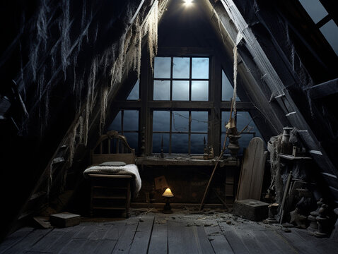 An old creepy dollhouse in the middle of a dark attic, cobwebs covering miniature furniture, dim moonlight through a cracked window, disturbing and eerie atmosphere, close-up of dusty details.