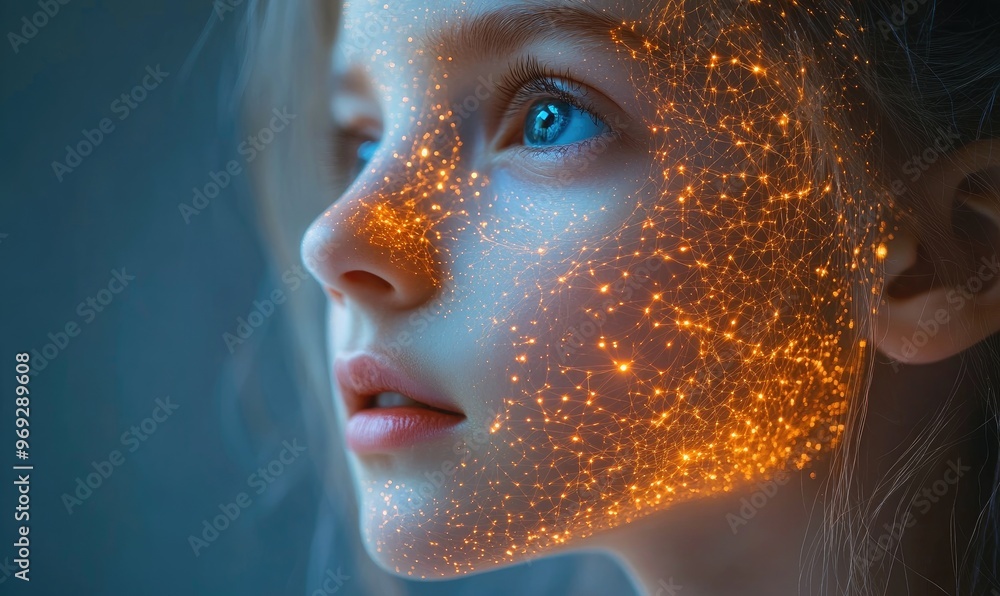 Poster a close-up of a girl's face illuminated with sparkling lights, creating a magical effect.